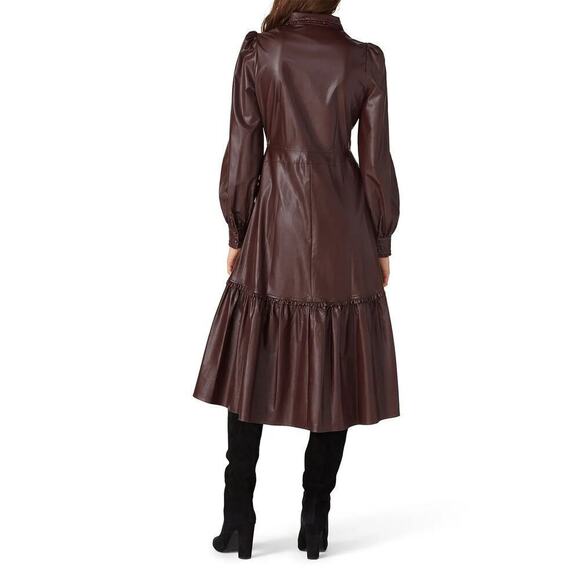 Nicholas Larisa Dress Faux Leather Balloon Sleeve Button Front Midi Brown 4 - Picture 3 of 11